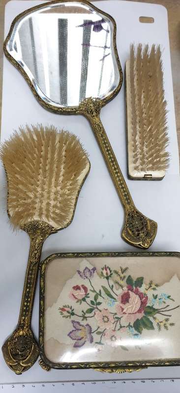 Vintage hair brush, hand mirror, jewellery box, brush set - Nylon, Made in England - water damaged