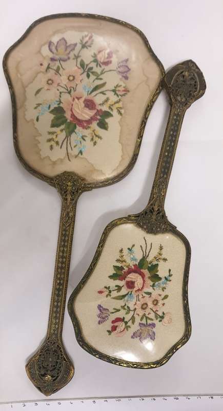 Vintage hair brush, hand mirror, jewellery box, brush set - Nylon, Made in England - water damaged