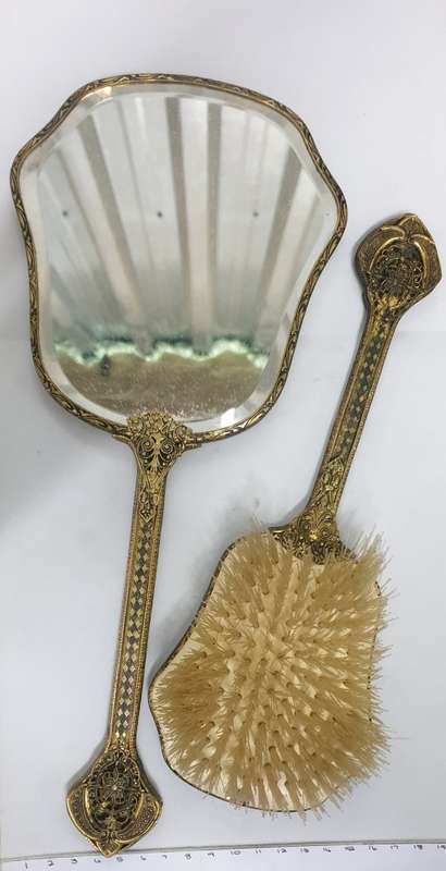 Vintage hair brush, hand mirror, jewellery box, brush set - Nylon, Made in England - water damaged