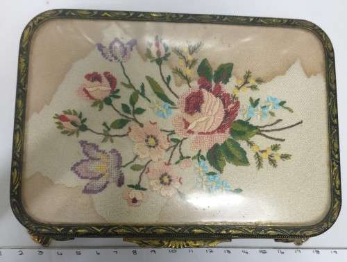 Vintage hair brush, hand mirror, jewellery box, brush set - Nylon, Made in England - water damaged