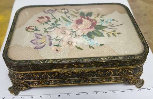 Vintage hair brush, hand mirror, jewellery box, brush set - Nylon, Made in England - water damaged