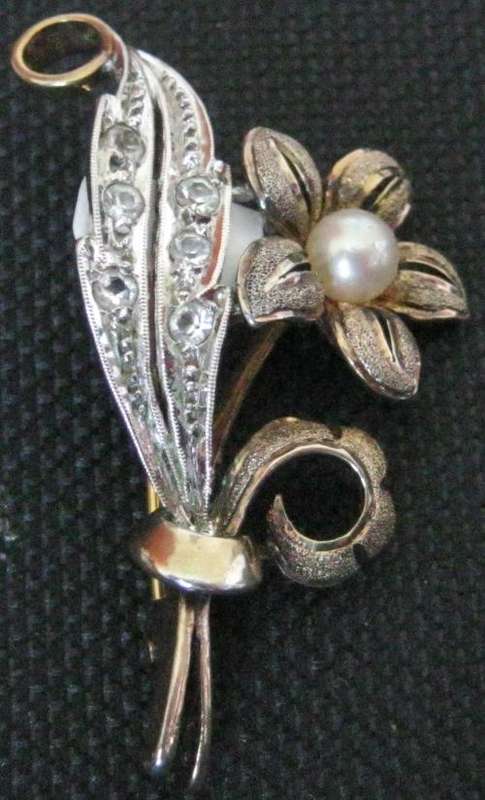 Gilded Silver 925 Leaf & Flower Vintage Brooch with Pearl