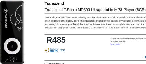 Transcend T.Sonic MP300 8GB MP3 Player & Portable Storage | Retail: R485 | LIMITED DEAL