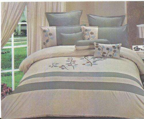 Embroided Queen Size Comforter Set - Sand and Light Green 9 Piece - Queen Size Comforter Set