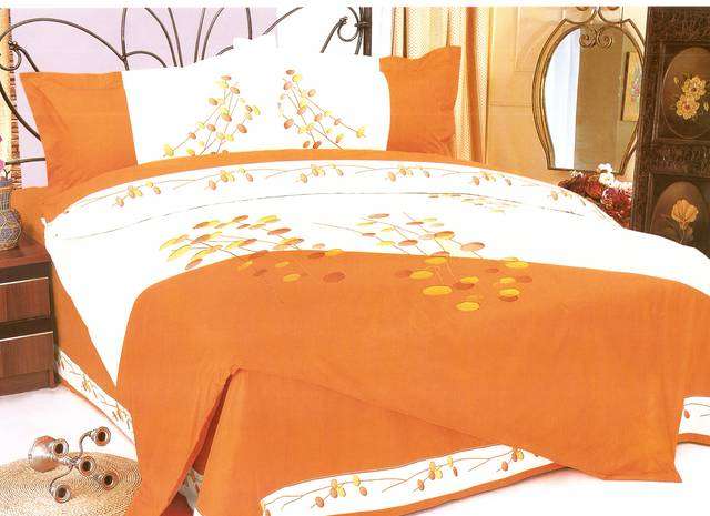 Cream and Orange Imported 6 Piece Embroidered Queen Size Duvet Cover Set.