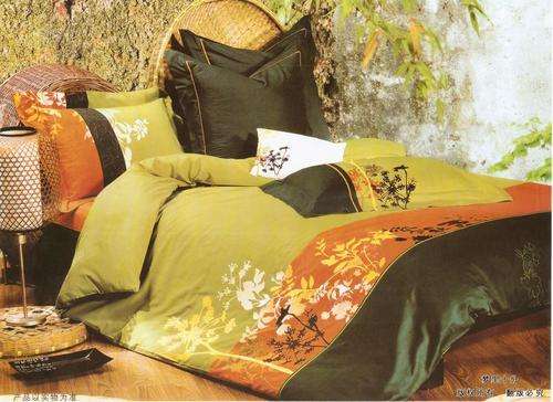 Orang, Khaki Green and Green Imported 6 Piece Embroidered Bouble Bed Size Duvet Cover Set.