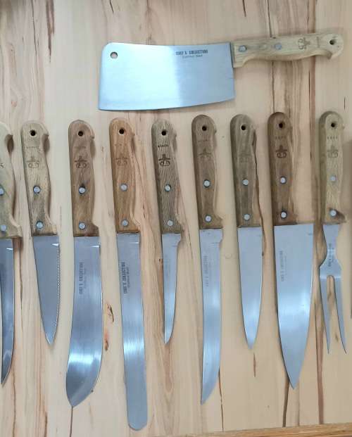 Set of ten Vintage `Chefs Collection` Jananese Stainless steel Chefs Knives and a Fork