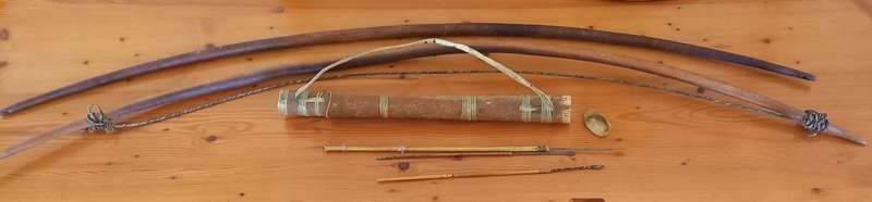 Vintage Bushman bows, quiver with three arrows. NOT Tourist items