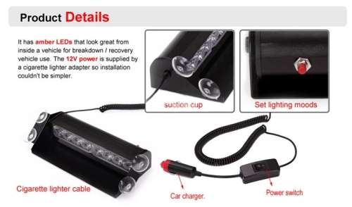 Emergency Strobe Flashing Light - Amber Dashboard/Windscreen 12v Strobe Lights 8 LED
