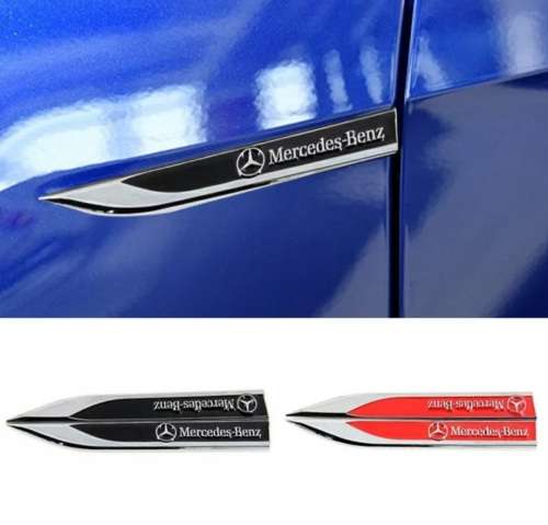 2 x Mercedes Benz  Emblems Badge 3D Car Sticker Side Metal Knife Type Fender Silver