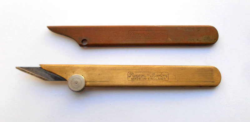 2 x Vintage Swann & Morton brass craft knife handles, made in England.