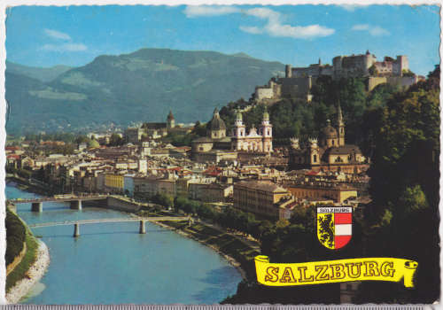 Vintage post card -- The festival city of Salzburg, view to the old town and the river Salzach