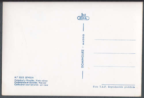 Vintage Post Card -- Spain, Seville. Aerial view, Giralda Cathedral