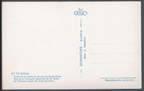 Vintage post card -- Seville, St. Cross Quarter. Printed in Madrid.