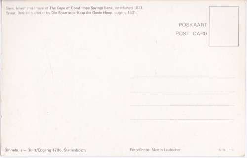 Vintage Post card -- Stellenbosch, Binnehuis - Built in 1796