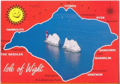 Vintage Post Card - Isle of Wight. The Needles / map. Salmon Cameracolour Post Card