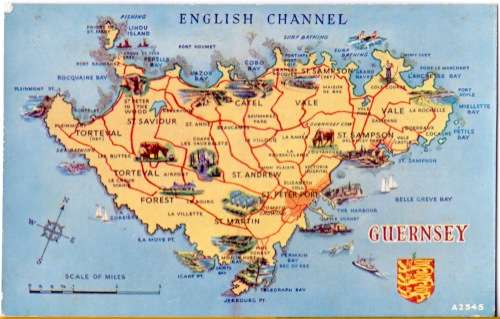 Vintage Post Card -- Guernsey Map