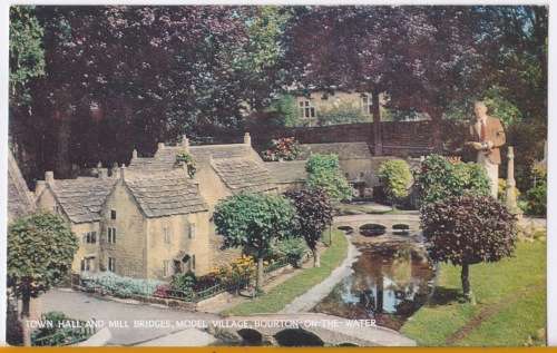 Vintage Post Card Model Village - Bourton on the Water Town Hall and Mill Bridges - Salmon Card