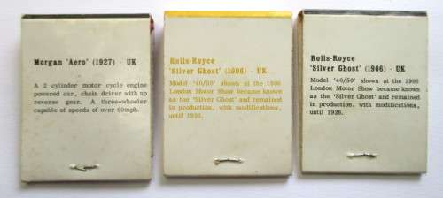 Vintage match books - Rolls Royce `Silver Ghost` &  Morgan `Aero`