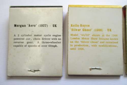Vintage match books - Rolls Royce `Silver Ghost` &  Morgan `Aero`
