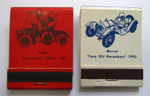 Vintage Match books -- Automobile related - Singer Voiturette 1904 & Mercer 1913