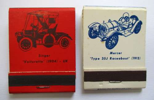 Vintage Match books -- Automobile related - Singer Voiturette 1904 & Mercer 1913