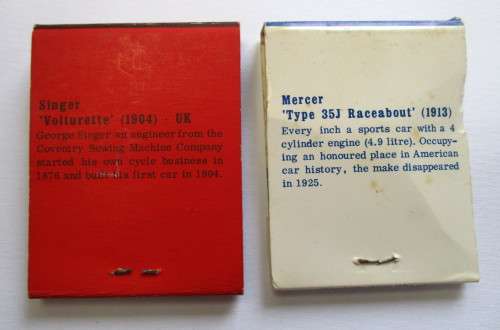 Vintage Match books -- Automobile related - Singer Voiturette 1904 & Mercer 1913