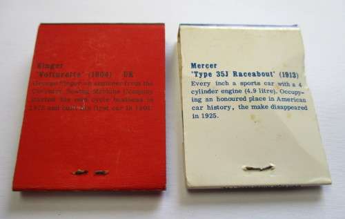 Vintage Match books -- Automobile related - Singer Voiturette 1904 & Mercer 1913
