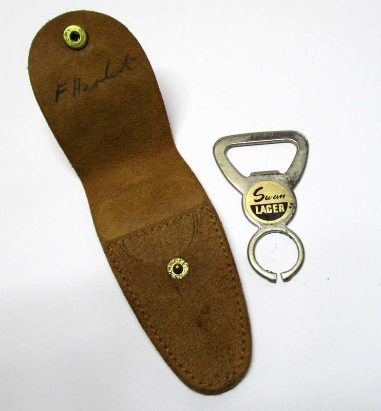 Vintage Swan Larger Bottle opener in original leather pouch, made in England.