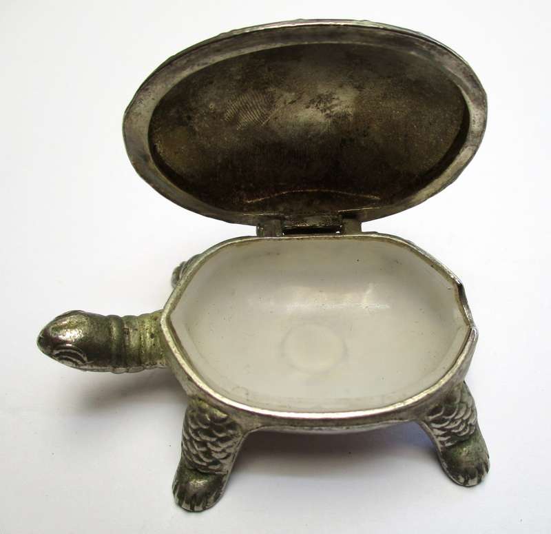 Vintage metal Tortoise shaped salt container / trinkets - hinged lid