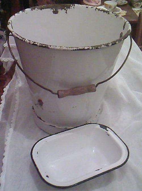 LARGE WHITE ENAMEL BUCKET, PLUS DISH WITH BLACK TRIM