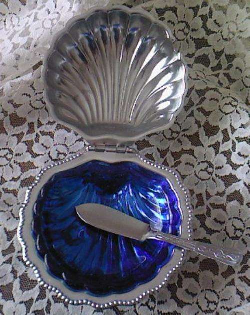 PLATED BUTTER DISH WITH BLUE LINER AND BUTTER KNIFE