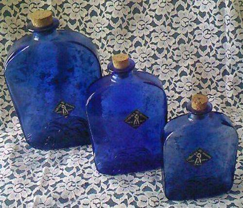 TRIO OF HAND MADE VIDRIOS DE LEVANTE COBALT BLUE BOTTLES