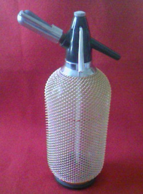 SODA SIPHON WITH GOLD-COLOUR METAL MESH COVER, IN PERFECT CONDITION