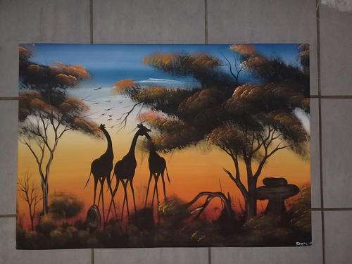 LARGE AFRICAN PAINTING Landscape & Giraffe - Acrylic Hand Painted Art *READY TO HANG* 76cm x 53cm