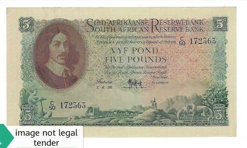 Dated Pretoria 5.6.56 South Africa Vyf Pond / Five Pounds UNC