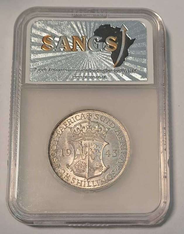 1943 UNION OF SOUTH AFRICA SILVER 2,5 SHILLINGS (HALFCROWN) SANGS MS64 CHOICE UNC