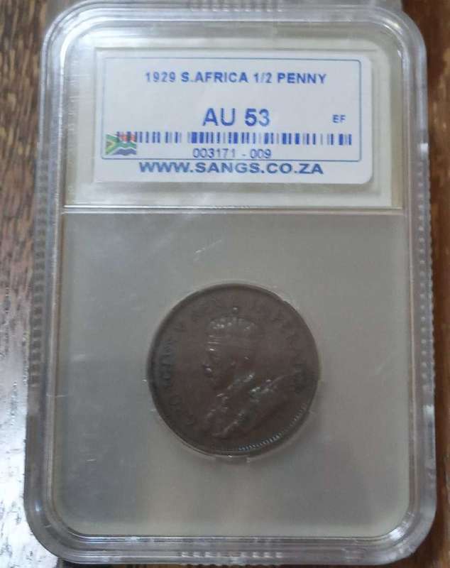 1929 Union Half-Penny 1/2P King George V SANGS AU53 ef