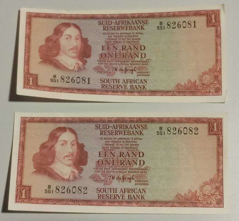 1975 Consecutive Pair Een Rand TW de Jongh Afrikaans over English