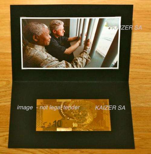 R10 Rand 24K Goldnote Mandela South Africa Rhino *Photo Edition Madiba/Bill Clinton* Large Folder