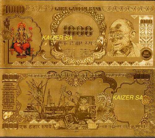 24K Gandhi/ Ganesha 1000 Rupee India Gold Note -COA!! Small folder edition.