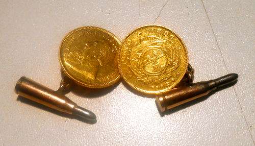 Boer War Pair of 1896 ZAR Gold 1/2Pond Cufflinks set with Handcrafted Gold Rifle Cartridges