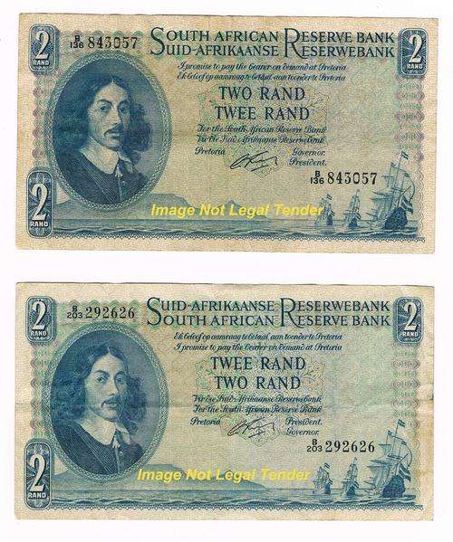 1962 English/Afrikaans Pair Two Rand/ Twee Rand banknotes G Rissik set  #*$ Weekend Special$*#