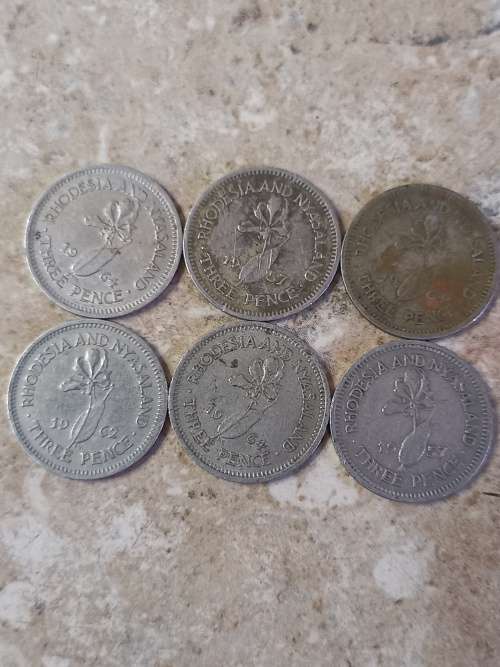 6 x Three pence Rhodesia and Nyasaland(62,64,57) bid for all
