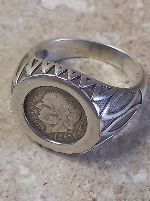 1945 silver pesos coin in 925 silver ring