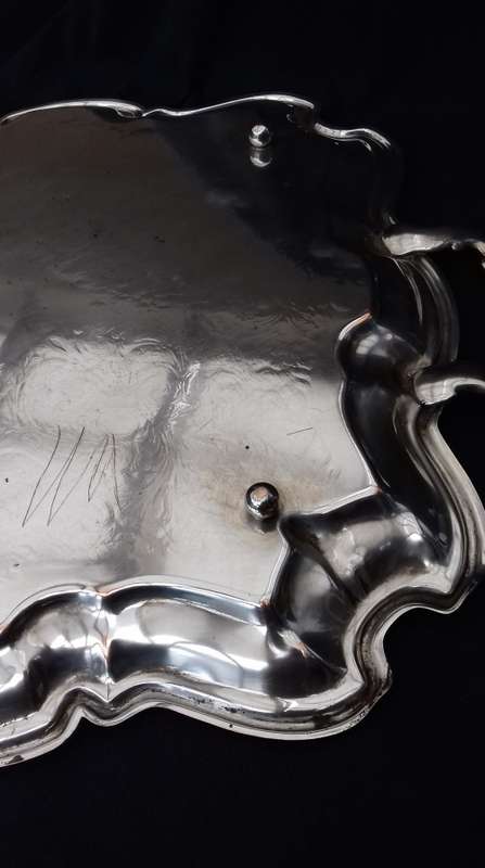 large emess silverplate on copper tray on bun feet