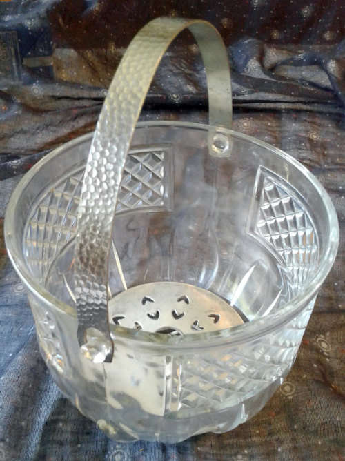 glass ice bucket with plated drainer