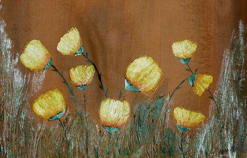 Yellow Flowers on Terra-cotta (Acrylic, textured), 54cm x 34cm