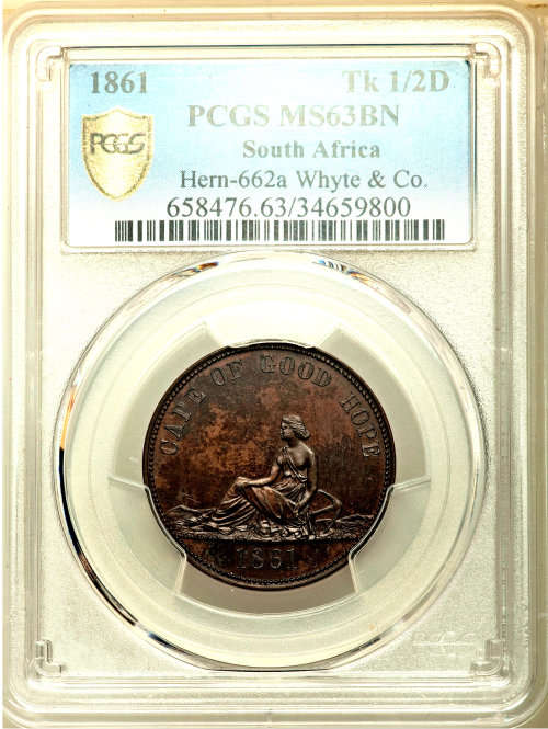Cape of Good Hope. Whyte & Co. bronze 1/2 Penny Token 1861 MS63 Brown PCGS, POP: 1 | Finest Known |
