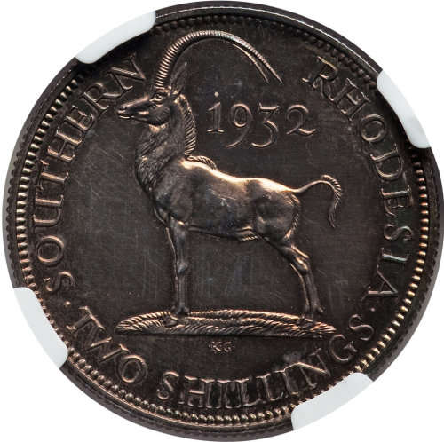 Southern Rhodesia: George V  Certified Proof coin TWO SHILLING 1932 PR62 NGC rere coin